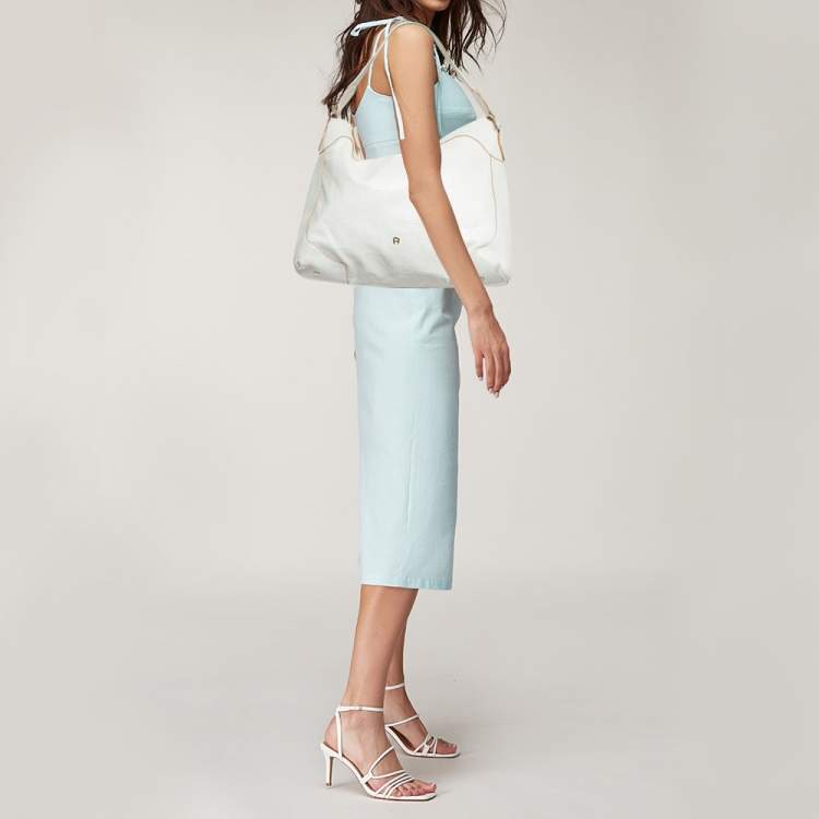 Pre Owned Aigner White Embossed Leather Zip Hobo