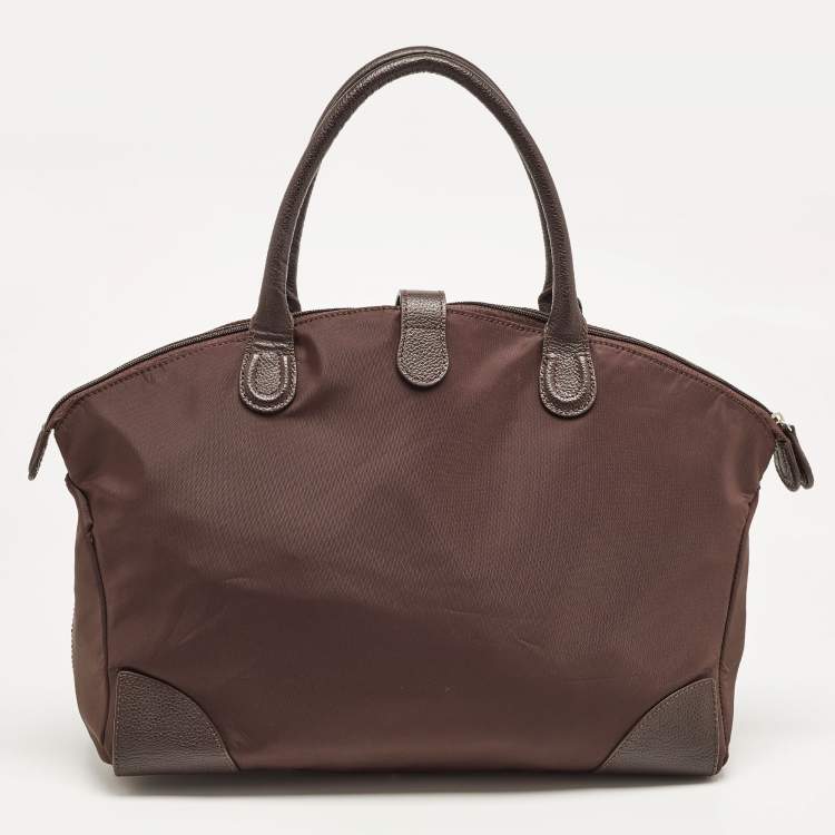 Pre Owned Aigner Dark Brown Nylon and Leather Logo Flap Satchel