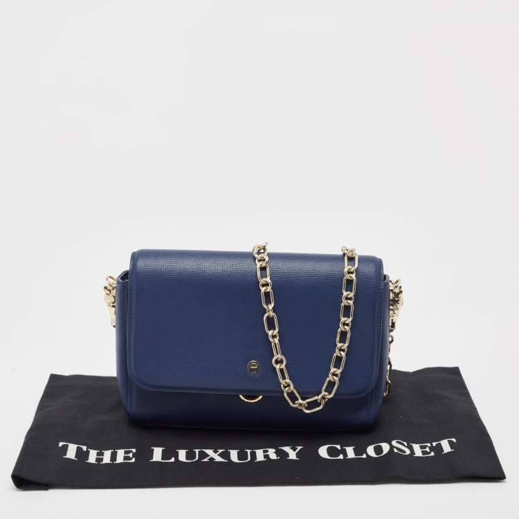 Pre Owned Aigner Navy Blue Leather Flap Chain Shoulder Bag