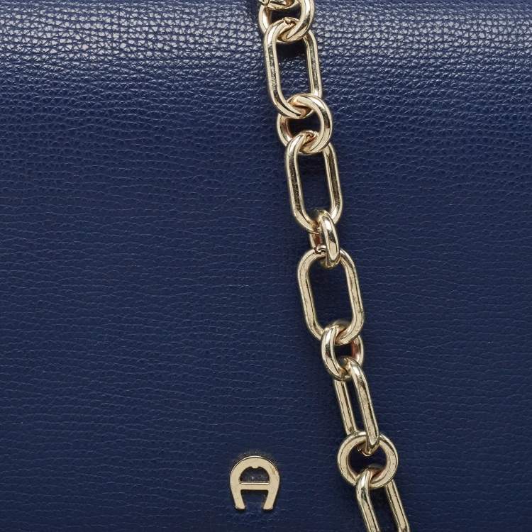 Pre Owned Aigner Navy Blue Leather Flap Chain Shoulder Bag