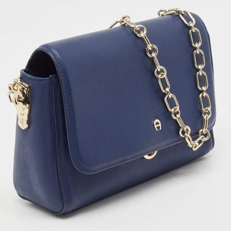 Pre Owned Aigner Navy Blue Leather Flap Chain Shoulder Bag
