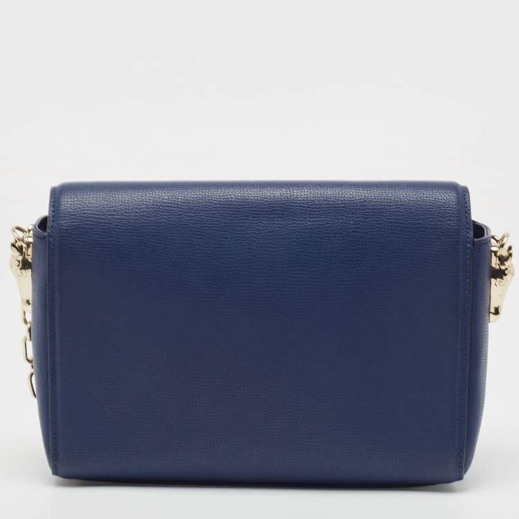 Pre Owned Aigner Navy Blue Leather Flap Chain Shoulder Bag