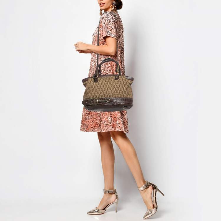 Aigner Dark Brown Beige Signature Canvas and Croc Embossed Leather