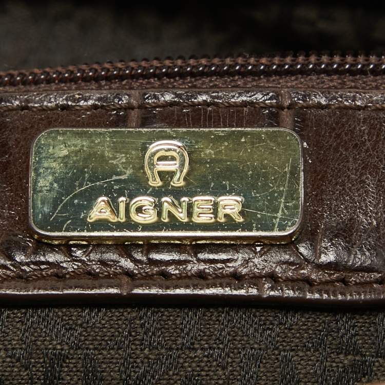 Pre Owned Aigner Dark Brown/Beige Signature Canvas and Croc Embossed Leather Buckle Logo Satchel
