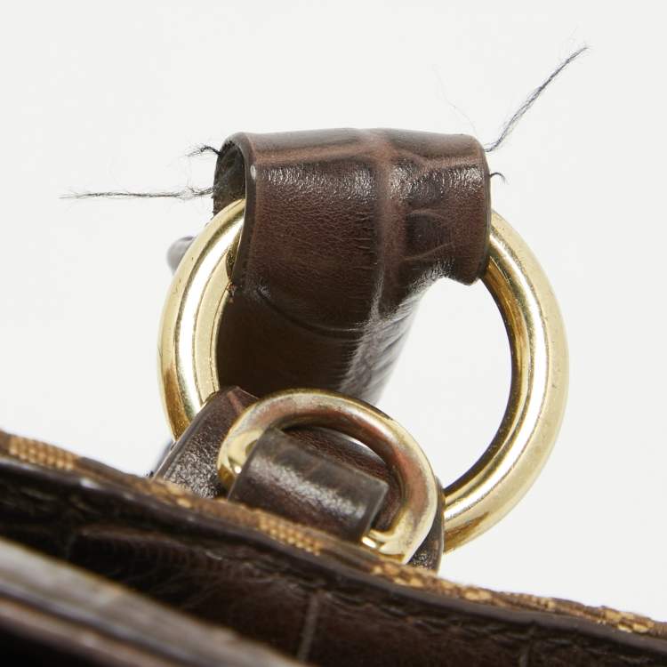 Pre Owned Aigner Dark Brown/Beige Signature Canvas and Croc Embossed Leather Buckle Logo Satchel