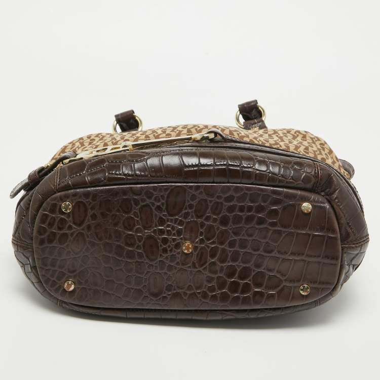 Pre Owned Aigner Dark Brown/Beige Signature Canvas and Croc Embossed Leather Buckle Logo Satchel
