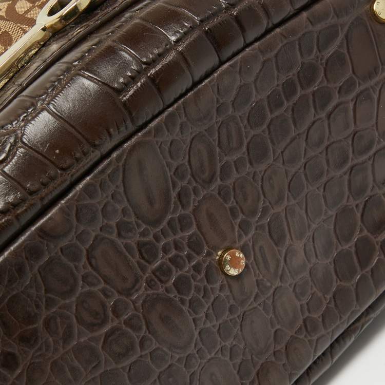 Pre Owned Aigner Dark Brown/Beige Signature Canvas and Croc Embossed Leather Buckle Logo Satchel