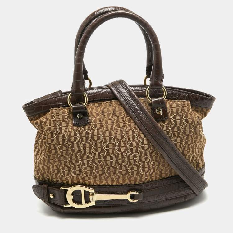 Aigner Dark Brown Beige Signature Canvas and Croc Embossed Leather