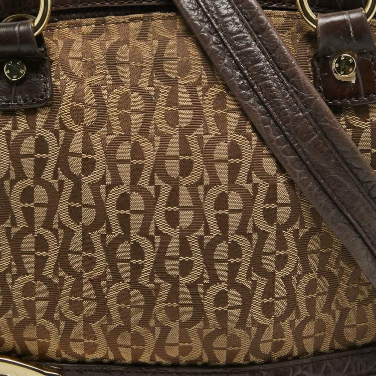 Pre Owned Aigner Dark Brown/Beige Signature Canvas and Croc Embossed Leather Buckle Logo Satchel