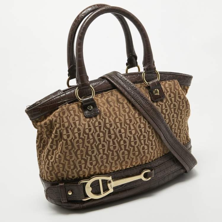 Pre Owned Aigner Dark Brown/Beige Signature Canvas and Croc Embossed Leather Buckle Logo Satchel