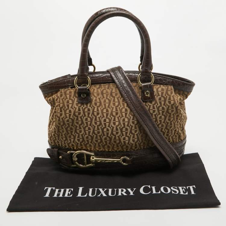 Pre Owned Aigner Dark Brown/Beige Signature Canvas and Croc Embossed Leather Buckle Logo Satchel