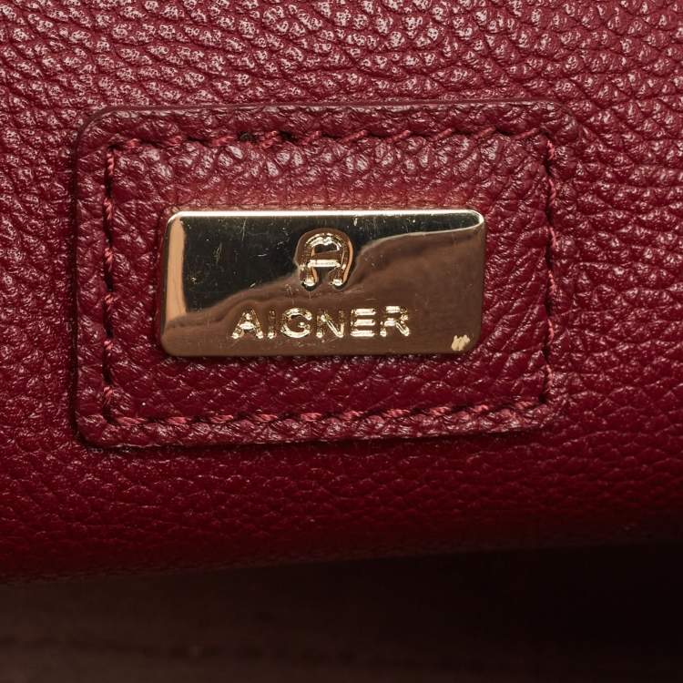 Pre Owned Aigner Dark Red Leather Embroidered Logo Shoulder Bag