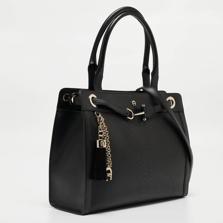 Pre Owned Aigner Black Python Embossed Leather and Leather Cavallina Tote