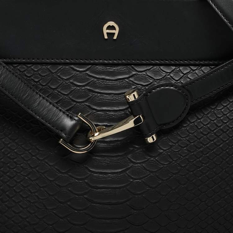 Pre Owned Aigner Black Python Embossed Leather and Leather Cavallina Tote