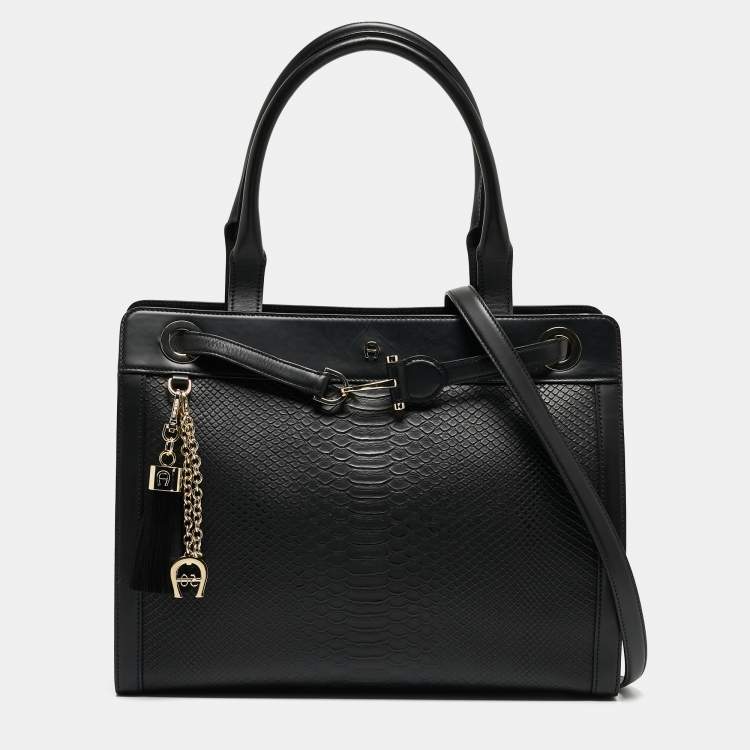 Pre Owned Aigner Black Python Embossed Leather and Leather Cavallina Tote