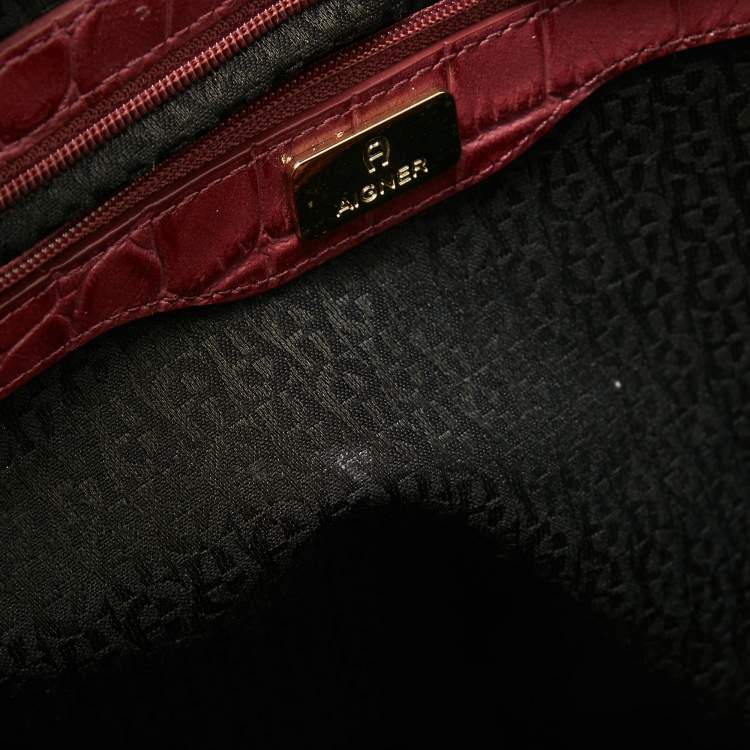Pre Owned Aigner Brown/Pinnk Signature Canvas and Croc Embossed Leather Buckle Logo Satchel