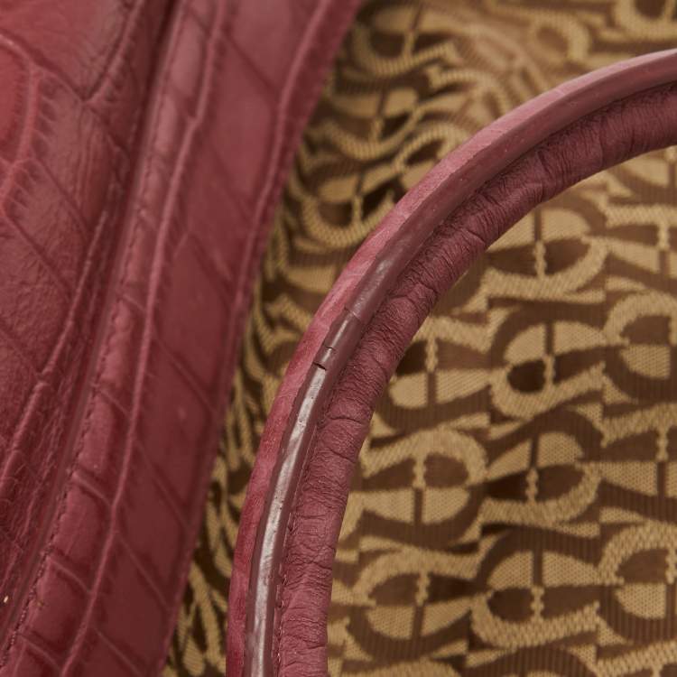 Pre Owned Aigner Brown/Pinnk Signature Canvas and Croc Embossed Leather Buckle Logo Satchel