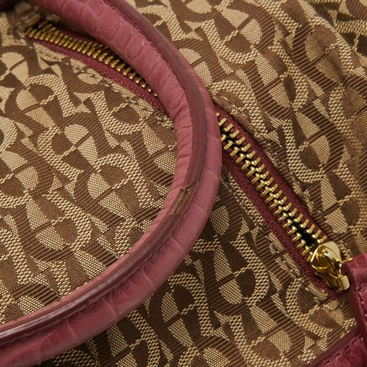 Pre Owned Aigner Brown/Pinnk Signature Canvas and Croc Embossed Leather Buckle Logo Satchel