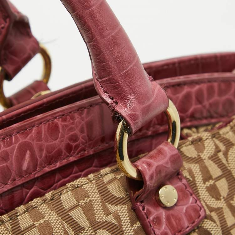 Pre Owned Aigner Brown/Pinnk Signature Canvas and Croc Embossed Leather Buckle Logo Satchel