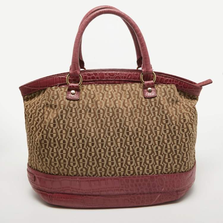 Pre Owned Aigner Brown/Pinnk Signature Canvas and Croc Embossed Leather Buckle Logo Satchel