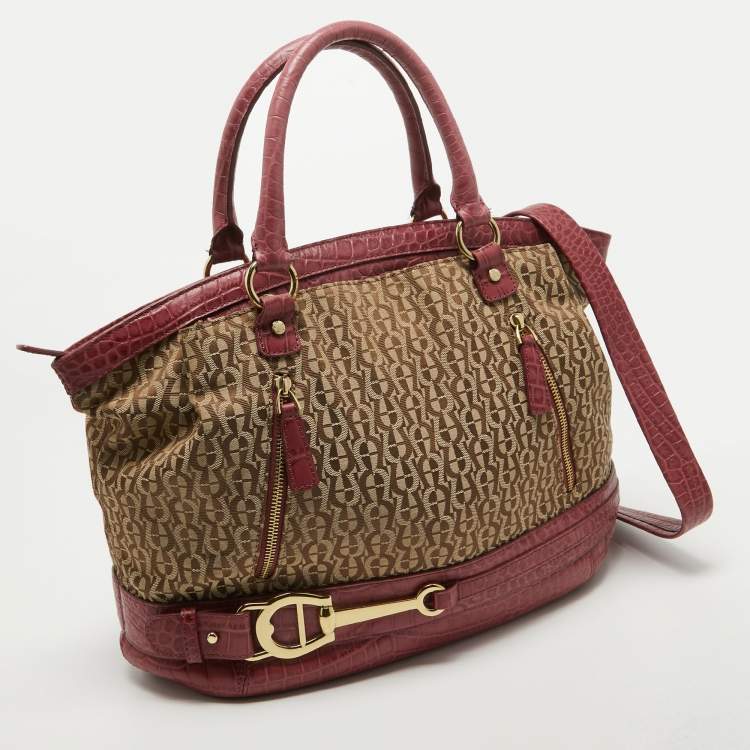 Pre Owned Aigner Brown/Pinnk Signature Canvas and Croc Embossed Leather Buckle Logo Satchel