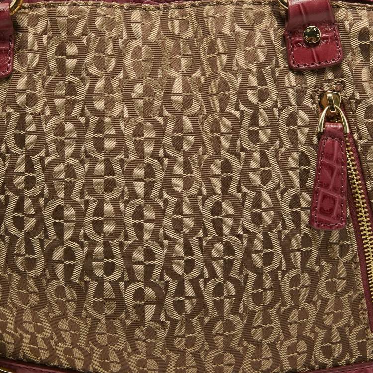 Pre Owned Aigner Brown/Pinnk Signature Canvas and Croc Embossed Leather Buckle Logo Satchel
