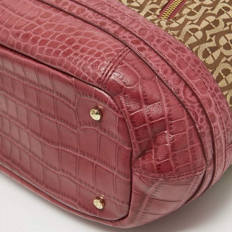 Pre Owned Aigner Brown/Pinnk Signature Canvas and Croc Embossed Leather Buckle Logo Satchel