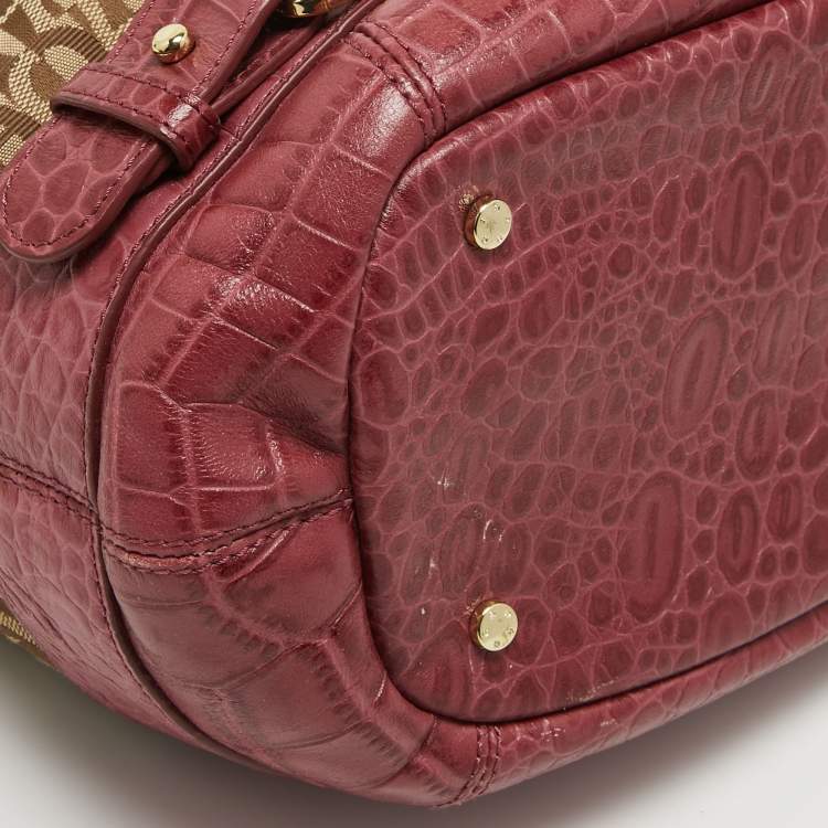 Pre Owned Aigner Brown/Pinnk Signature Canvas and Croc Embossed Leather Buckle Logo Satchel