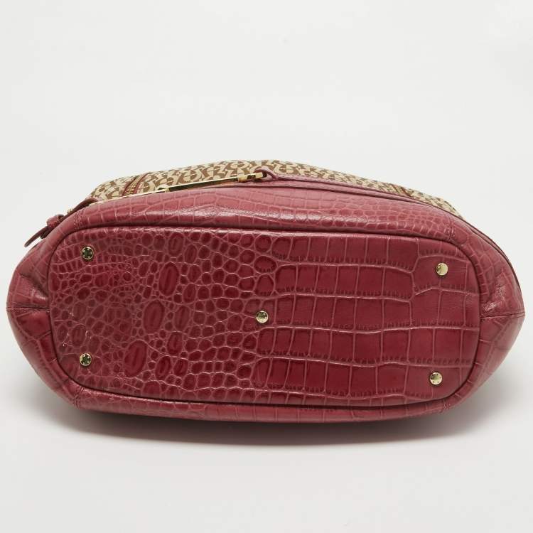Pre Owned Aigner Brown/Pinnk Signature Canvas and Croc Embossed Leather Buckle Logo Satchel