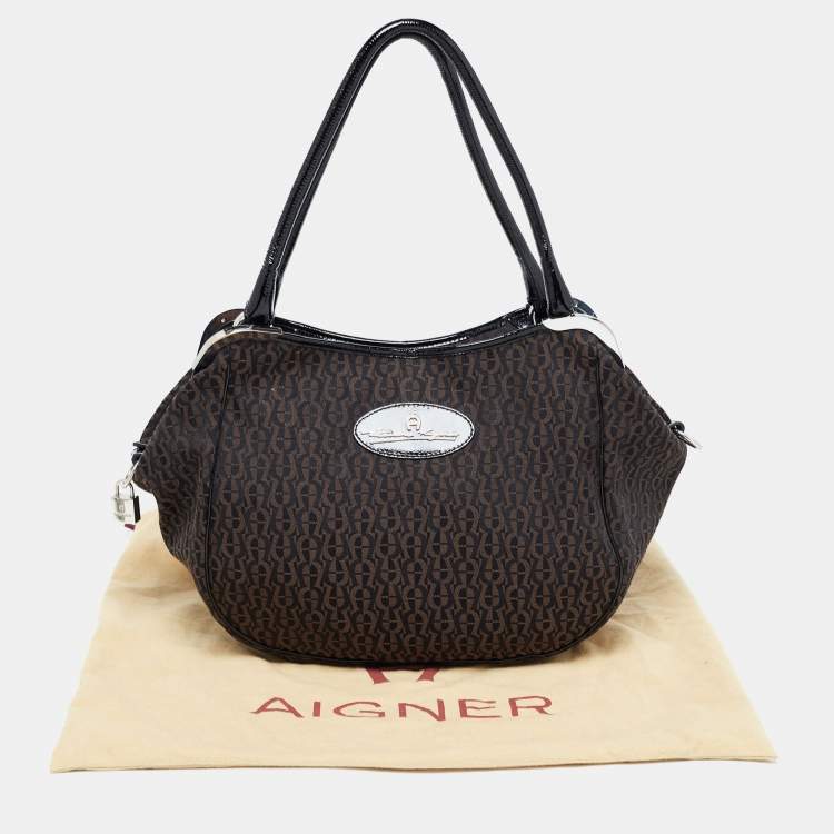Pre Owned Aigner Black/Brown Signature Canvas Logo Hobo