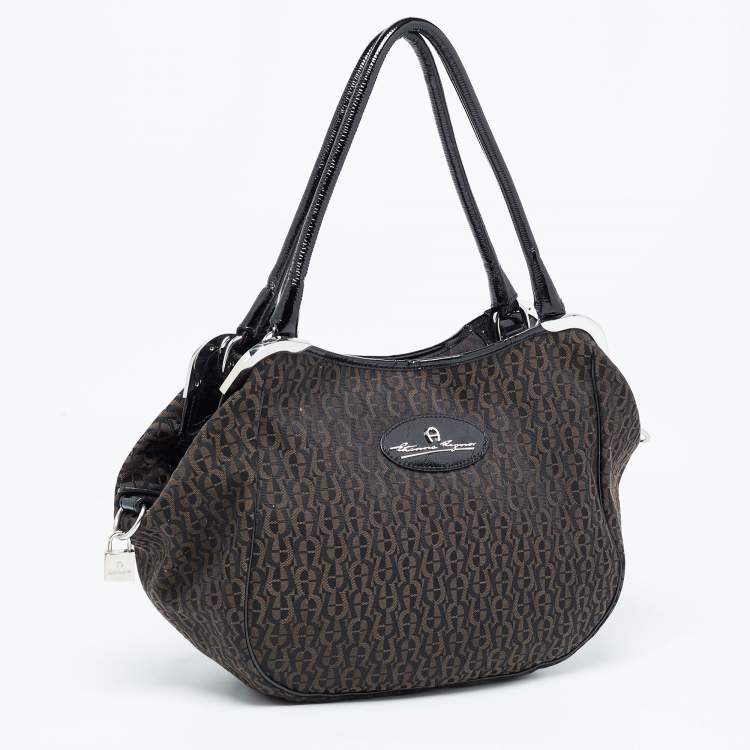 Pre Owned Aigner Black/Brown Signature Canvas Logo Hobo