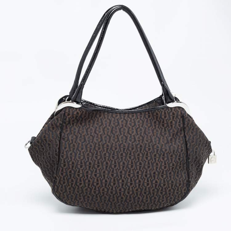 Pre Owned Aigner Black/Brown Signature Canvas Logo Hobo