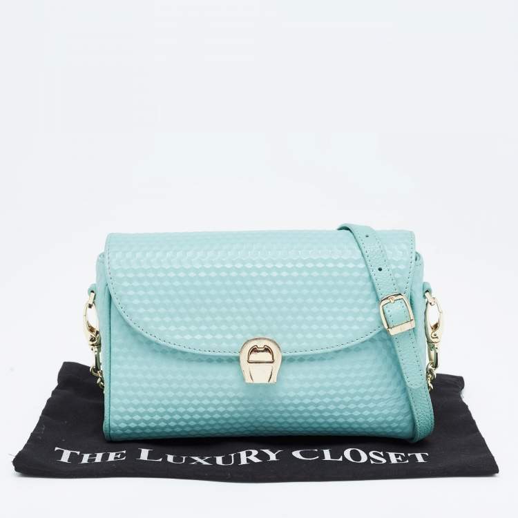 Pre Owned Aigner Light Turquoise Embossed Leather Genoveva Shoulder Bag
