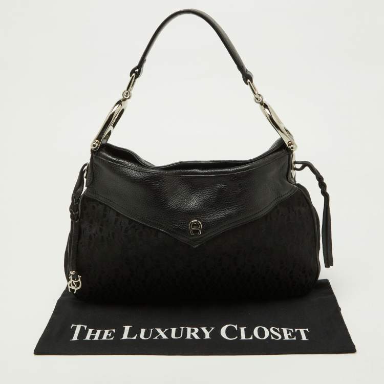Pre Owned Aigner Black Signature Canvas and Leather Hobo