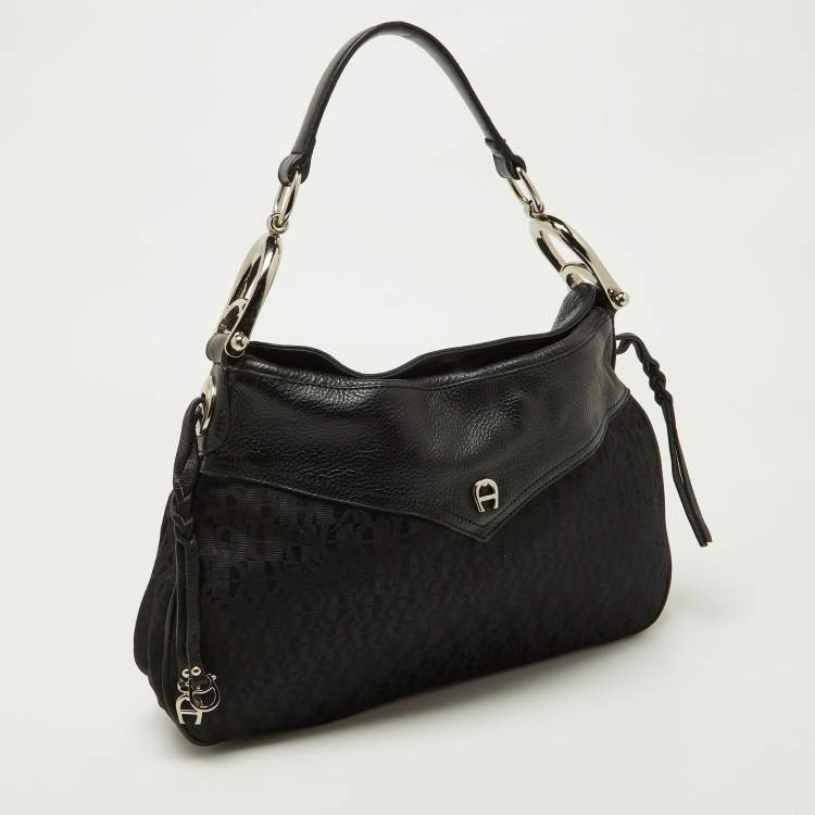 Pre Owned Aigner Black Signature Canvas and Leather Hobo