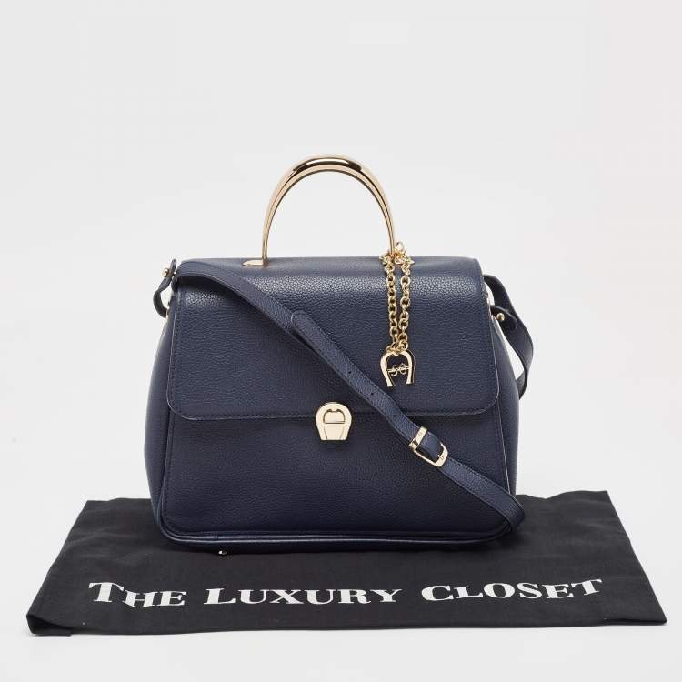 Pre Owned Aigner Navy Blue Leather Genoveva M Top Handle Bag 