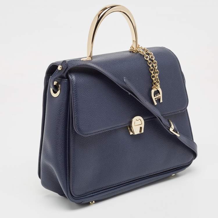 Pre Owned Aigner Navy Blue Leather Genoveva M Top Handle Bag 