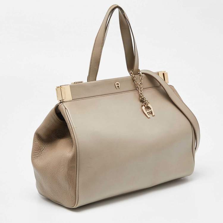 Pre Owned Aigner Beige Leather Frame Tote