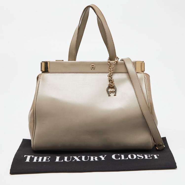 Pre Owned Aigner Beige Leather Frame Tote
