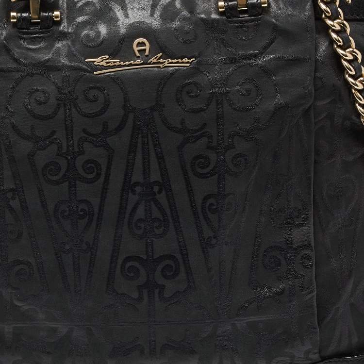 Pre Owned Aigner Black Printed Leather Studded Top Zip Tote