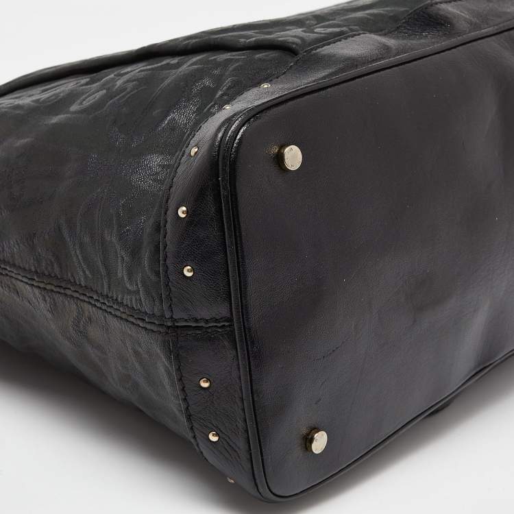 Pre Owned Aigner Black Printed Leather Studded Top Zip Tote
