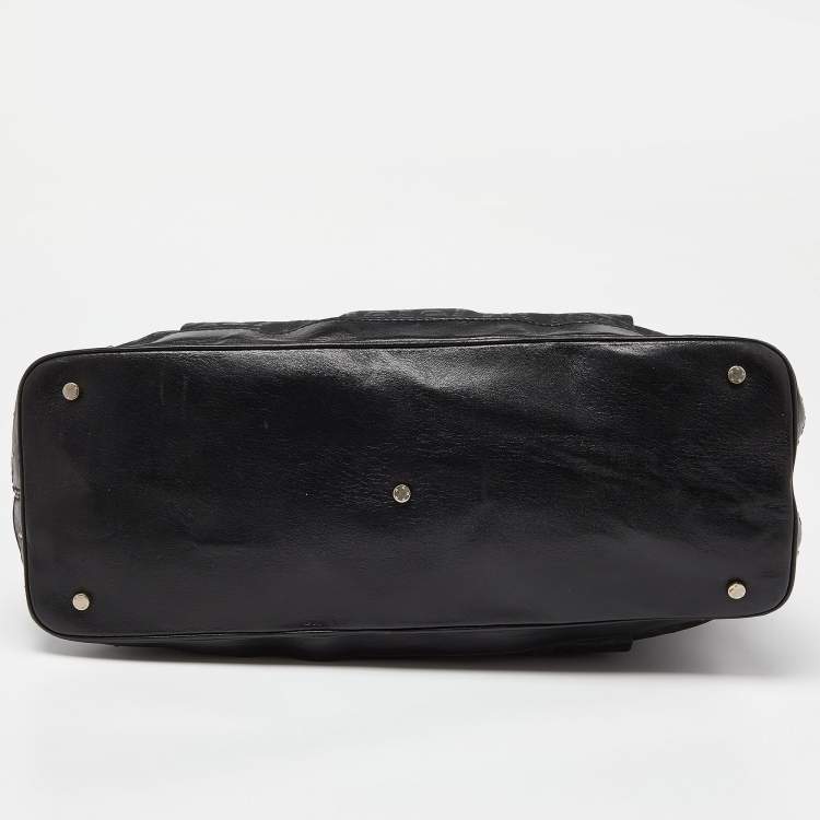 Pre Owned Aigner Black Printed Leather Studded Top Zip Tote