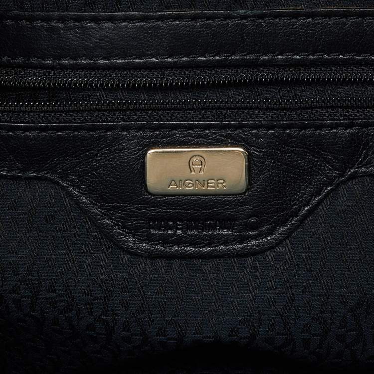 Pre Owned Aigner Black Printed Leather Studded Top Zip Tote