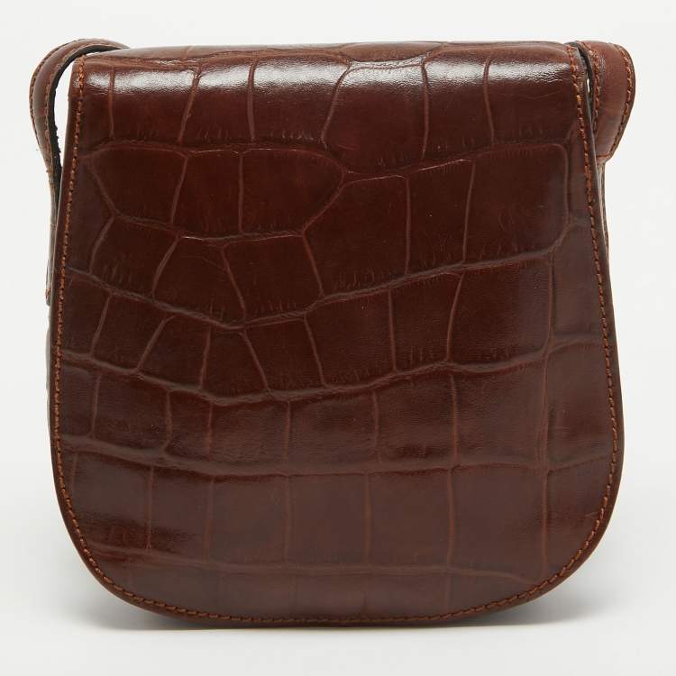 Pre Owned Aigner Dark Brown Croc Embossed Leather Logo Flap Crossbody Bag 