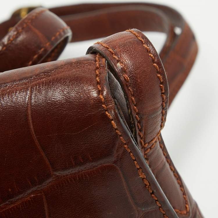Pre Owned Aigner Dark Brown Croc Embossed Leather Logo Flap Crossbody Bag 