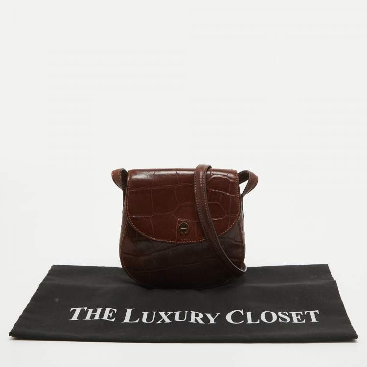 Pre Owned Aigner Dark Brown Croc Embossed Leather Logo Flap Crossbody Bag 