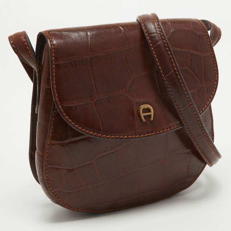 Pre Owned Aigner Dark Brown Croc Embossed Leather Logo Flap Crossbody Bag 