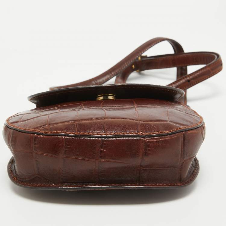 Pre Owned Aigner Dark Brown Croc Embossed Leather Logo Flap Crossbody Bag 