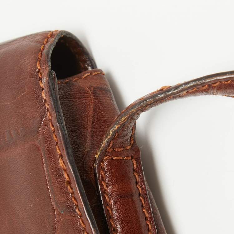 Pre Owned Aigner Dark Brown Croc Embossed Leather Logo Flap Crossbody Bag 