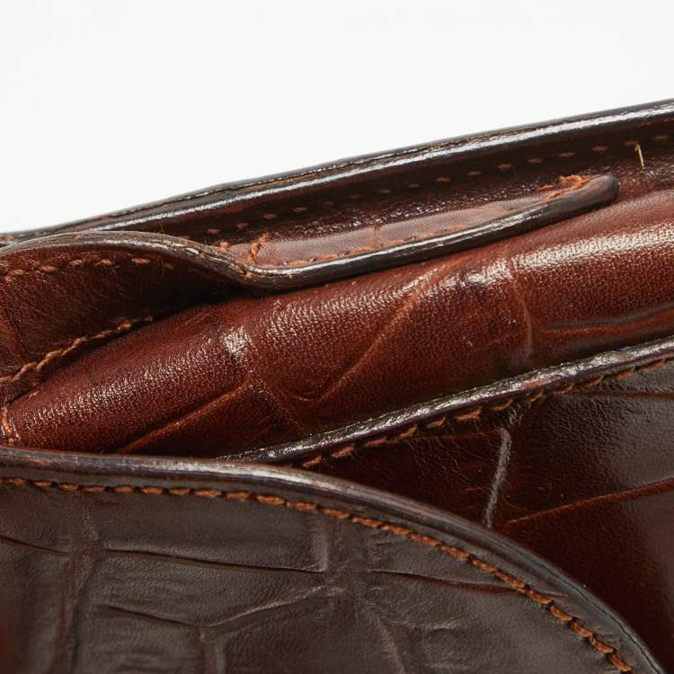 Pre Owned Aigner Dark Brown Croc Embossed Leather Logo Flap Crossbody Bag 